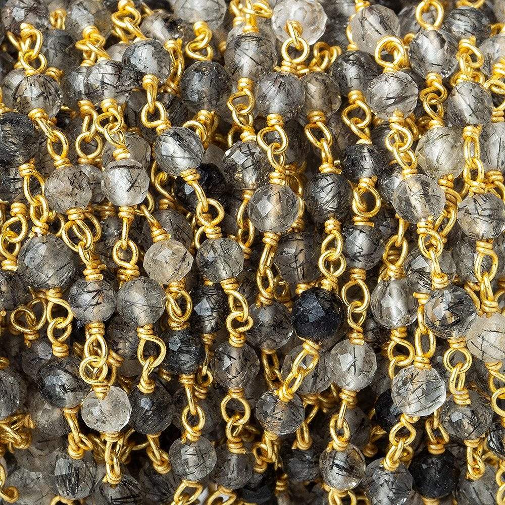 3-4mm Black Tourmalinated Quartz faceted round Vermeil Chain by the foot