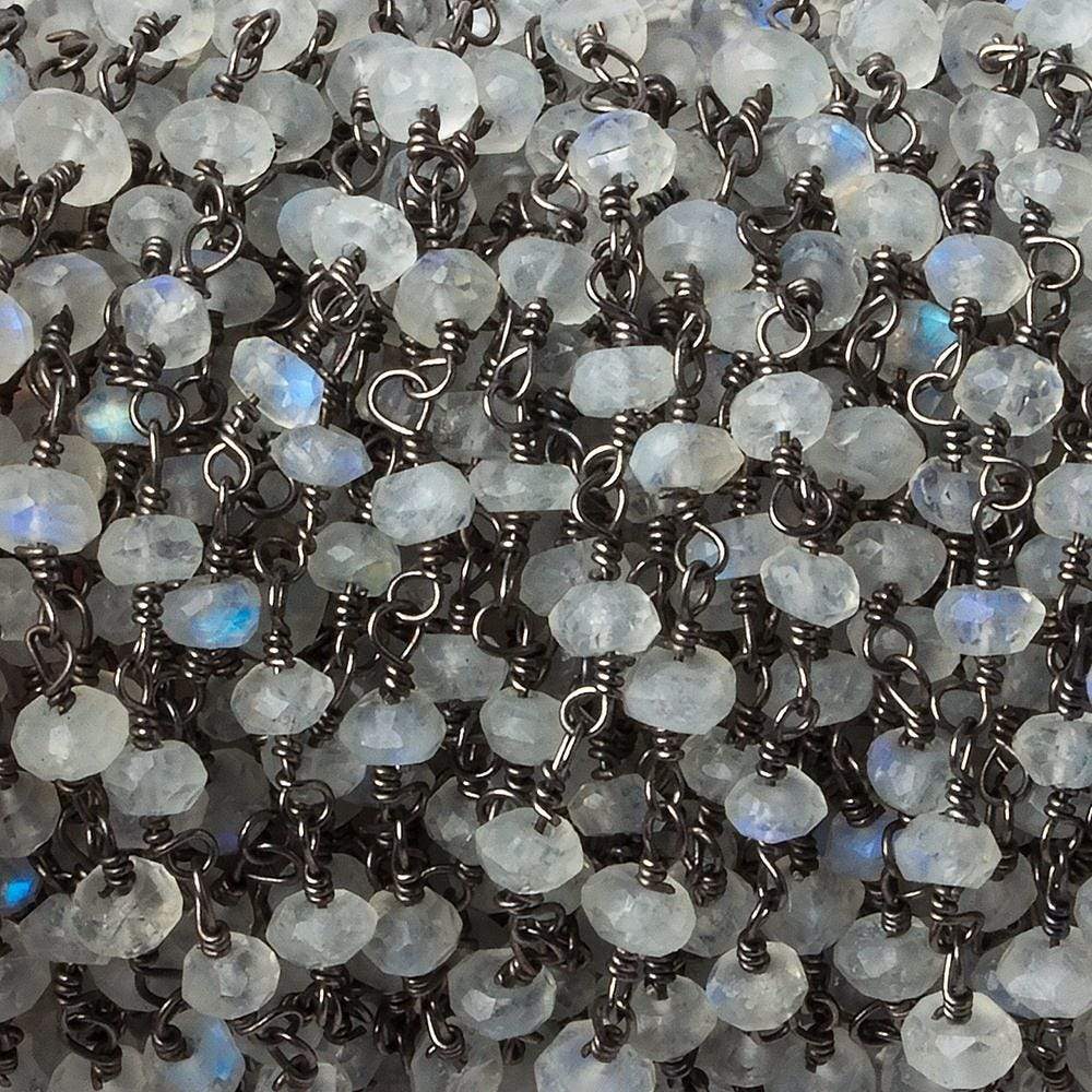 3-4mm Rainbow Moonstone Faceted Rondelle Black Gold plated Chain by the foot 34 pcs