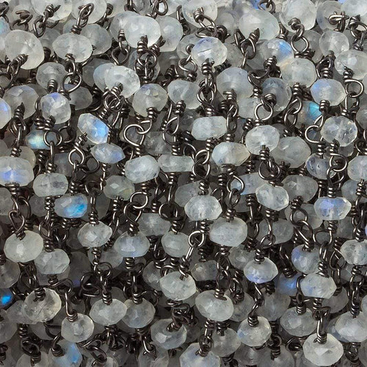 3-4mm Rainbow Moonstone Faceted Rondelle Black Gold plated Chain by the foot 34 pcs