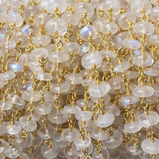 3-4mm Rainbow Moonstone plain rondelle Vermeil Chain by the foot 37 beads