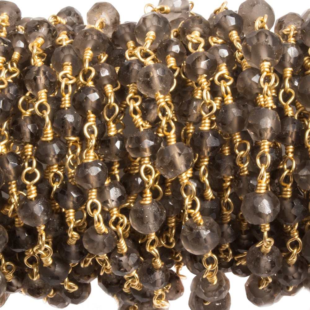 3-4mm Smoky Quartz round Gold plated Chain by the foot 36 pieces