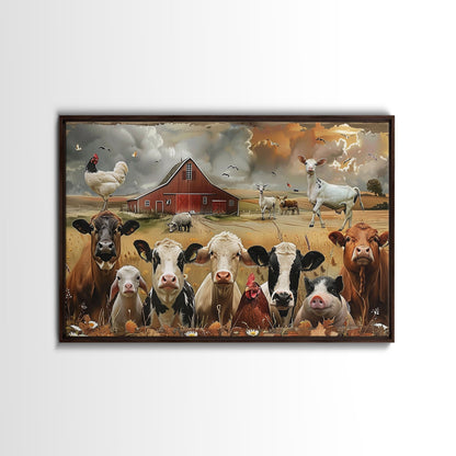 Kitsch Farmhouse Wall Art, Cute Farm Animals On A Fence, Cow Art, Pig Print, Red Barn Wall Art, Wood Framed Art
