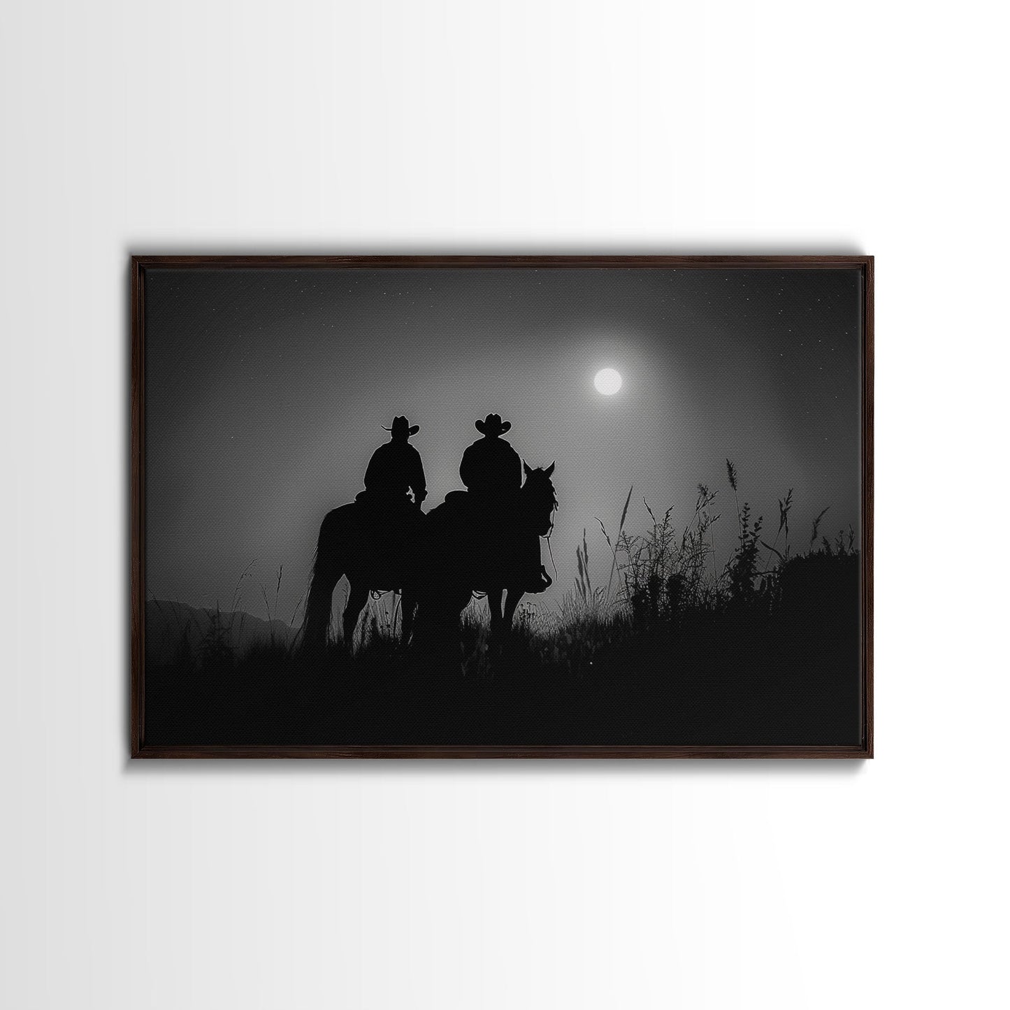 Cowboys Under A Full Moon, Framed Canvas Print, Black and White Western Photography, Wild West Art, Western Decor, Farmhouse Country Art