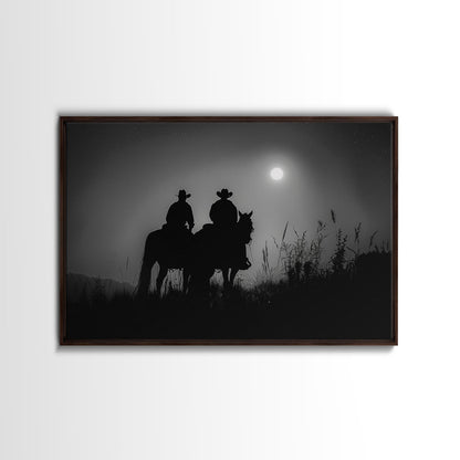 Cowboys Under A Full Moon, Framed Canvas Print, Black and White Western Photography, Wild West Art, Western Decor, Farmhouse Country Art