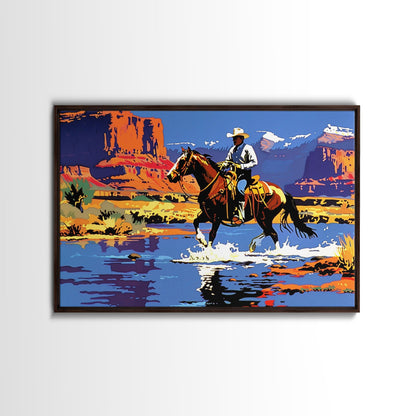 Crossing The Colorado River, Framed Canvas Print, Kitsch Western Wall Art, Colorful Western Painting Original Artwork, Pop Art Painting