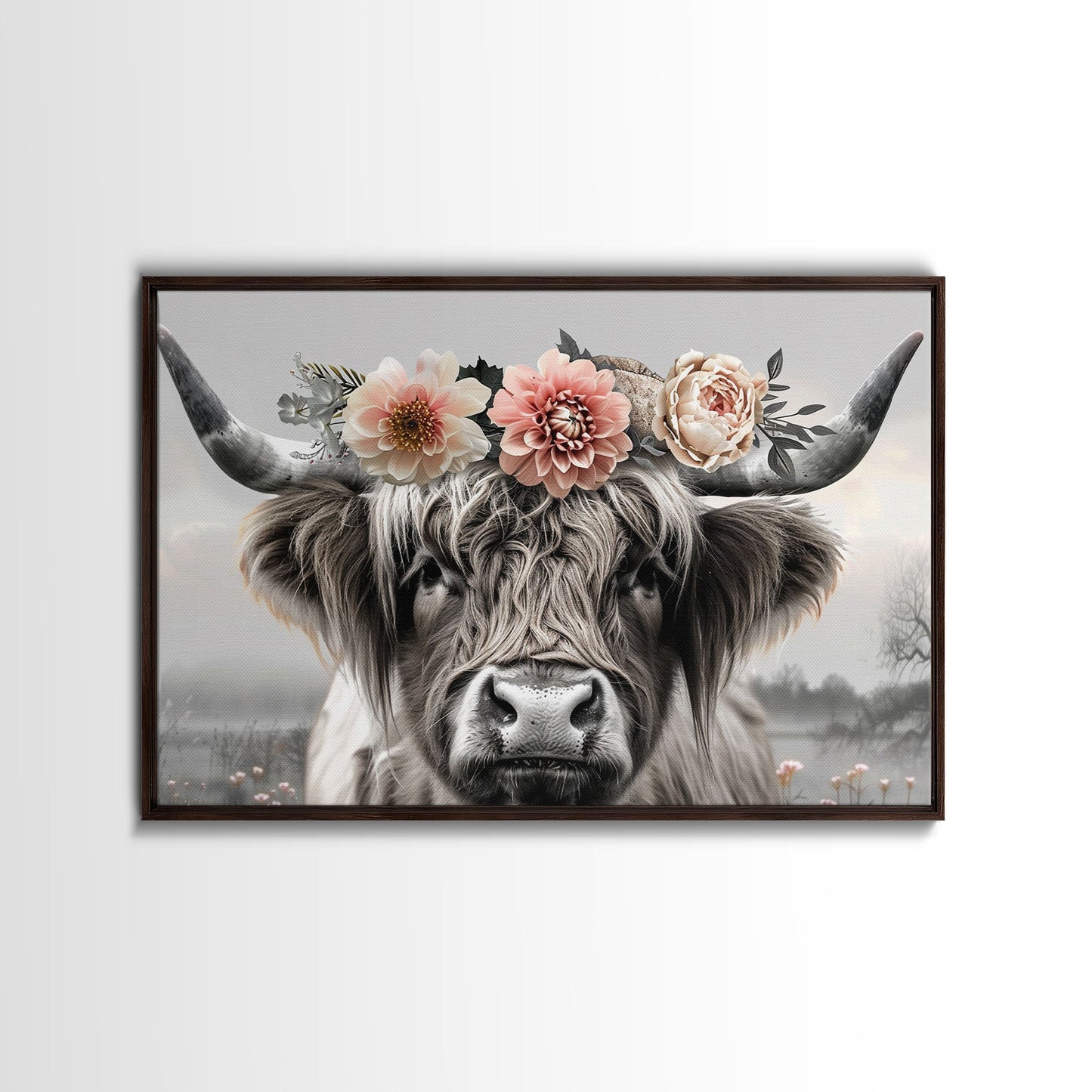 Cute Framed Canvas Wall Art, Cute Cow Wearing Flowers, Farmhouse Decor, Farmhouse Wall At, Extra Large Boho Decor, Minimalist Modern Art