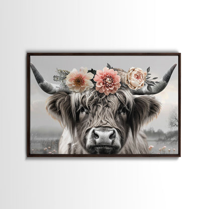 Cute Framed Canvas Wall Art, Cute Cow Wearing Flowers, Farmhouse Decor, Farmhouse Wall At, Extra Large Boho Decor, Minimalist Modern Art