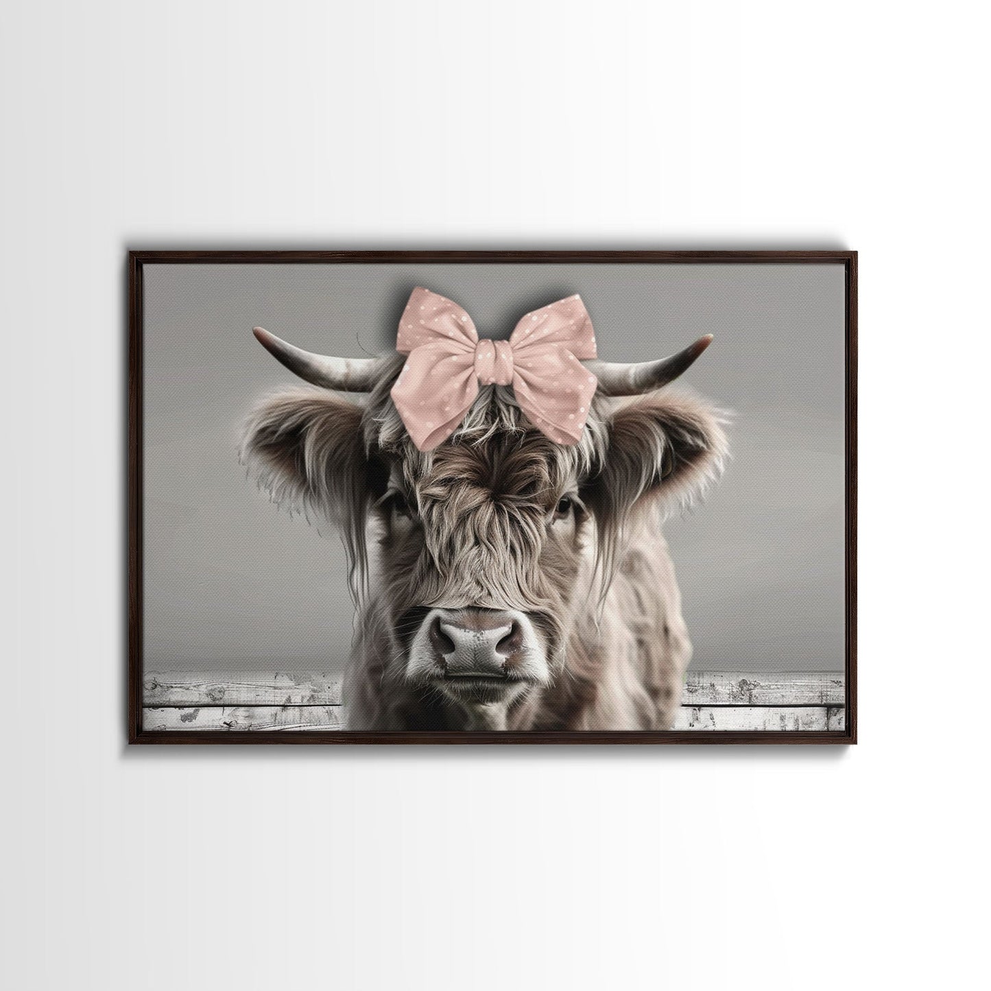 Framed Canvas Print, Cute Highland Cow Wearing A Pink Bowtie, Framed Wall Decor, Rustic Minimalist Farmhouse Decor, Western Art