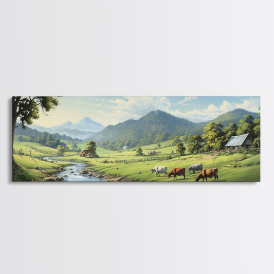 Farmhouse Field Landscape Oil Painting Large Wall Art Canvas Print, Framed Canvas Nature Wall Decor, Rustic Country Landscape Living Room