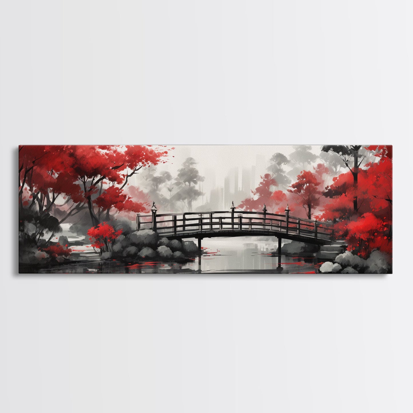 Japanese Hashi Bridge in The Spring, Framed Canvas Print, Japanese Maple Trees Along A Stream, Asian Inspired Art
