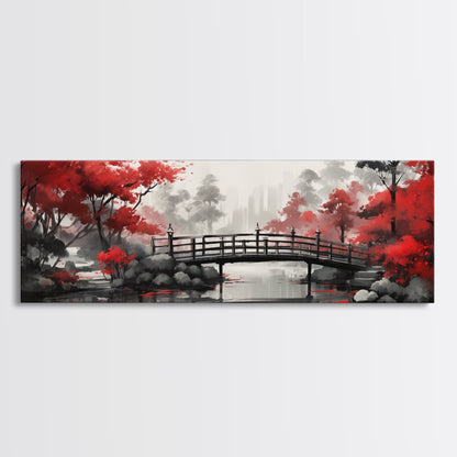 Japanese Hashi Bridge in The Spring, Framed Canvas Print, Japanese Maple Trees Along A Stream, Asian Inspired Art