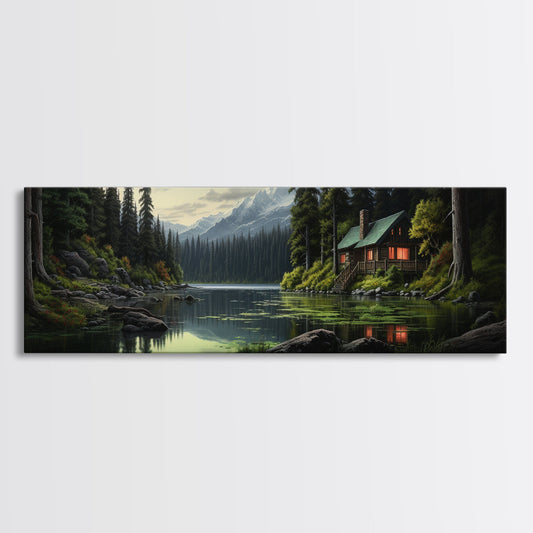 Cozy Cabin on The Lake, Framed Canvas Print, Farmhouse Decor, Landscape Painting, Unique Wall Art