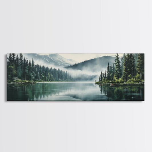 Ready To Hang Panoramic Foggy Pine Forest Canvas Wall Art, Nature Wall Art, Misty Green Forest Print, Modern Home Decor, Ready To Hang Art