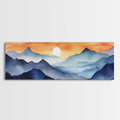 Midcentury Modern Watercolor Painting of a Mountain Sunset, Large Canvas Print, Mountain Artwork, Guest Room Art, Mountain Print
