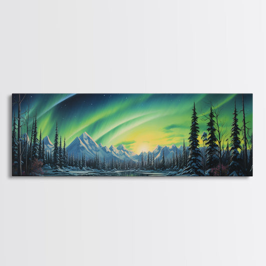 Aurora Borealis, Framed Canvas Print, Beautiful Alaskan Winter Landscape Painting, Moody Art, Unique Wall Art