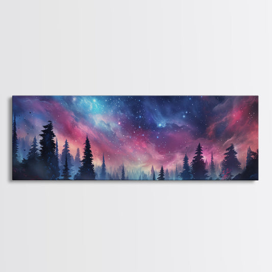 Watercolor Painting Of A Starry Night, Framed Canvas Print, Beautiful Nature Panoramic, Alaska Wilderness Art
