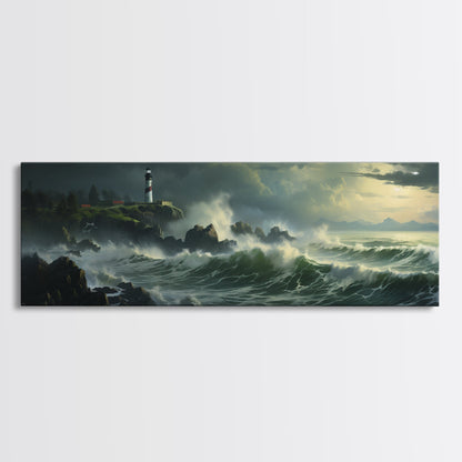 Lighthouse In The Storm, Framed Canvas Print, Nautical Decor, Nautical Painting, Guest Room Art, Moody Decor