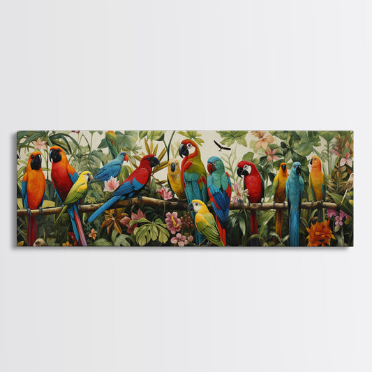 Birds Of Paradise, Parrot Print, Tropical Art, Framed Canvas Print, Beautiful Above Sofa Wall Art, Guest Room Decor