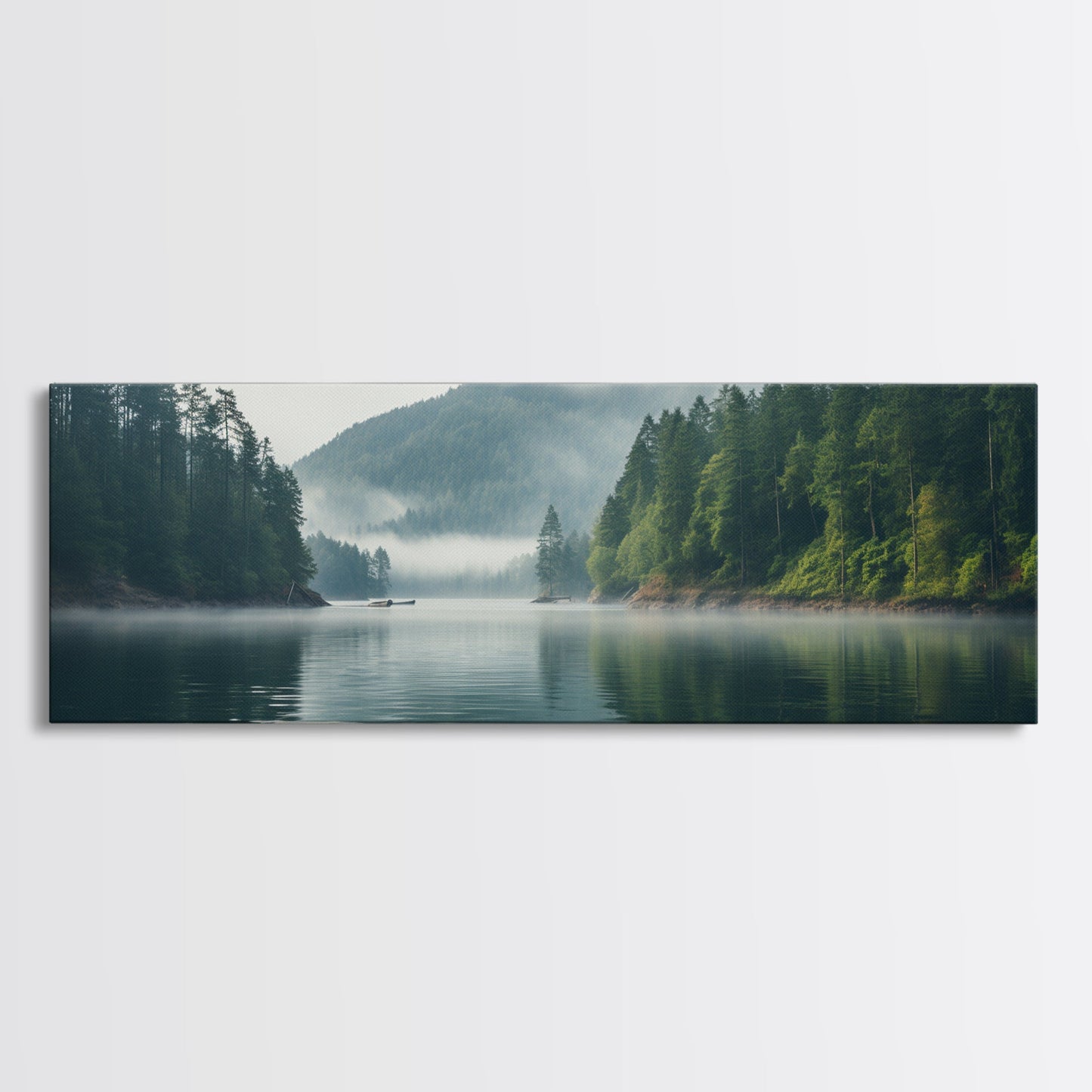Rustic Nature Landscape Painting Canvas Print | Cozy Forest Canvas Art | Misty Lake & Earth Tones | Farmhouse Cabin Decor