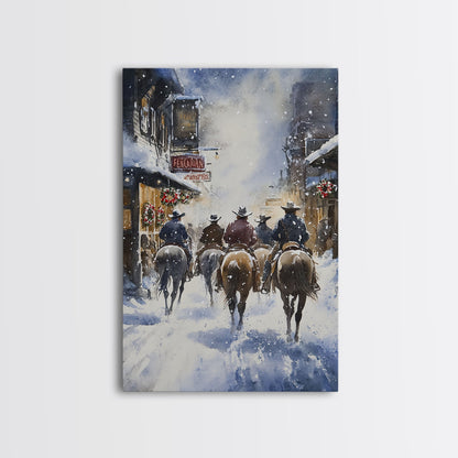 Cowboys Riding Into Town On Christmas, Western Christmas Decor, Framed Canvas Print, Christmas Outdoor Decor, Christmas poster