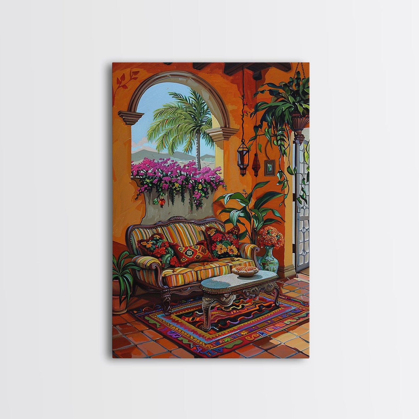 Mediterranean Courtyard Lounge Framed Canvas Print Spanish Style Home Decor Best Gift Bright Seasonal Art Above Sofa Wall Art