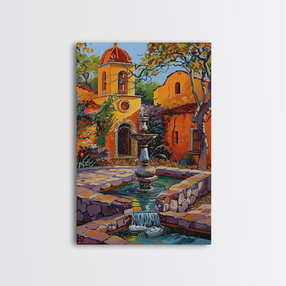 Mexican Style Framed Canvas Print Tall Art Vibrant Outdoor Fountain Scene With Colorful Architecture