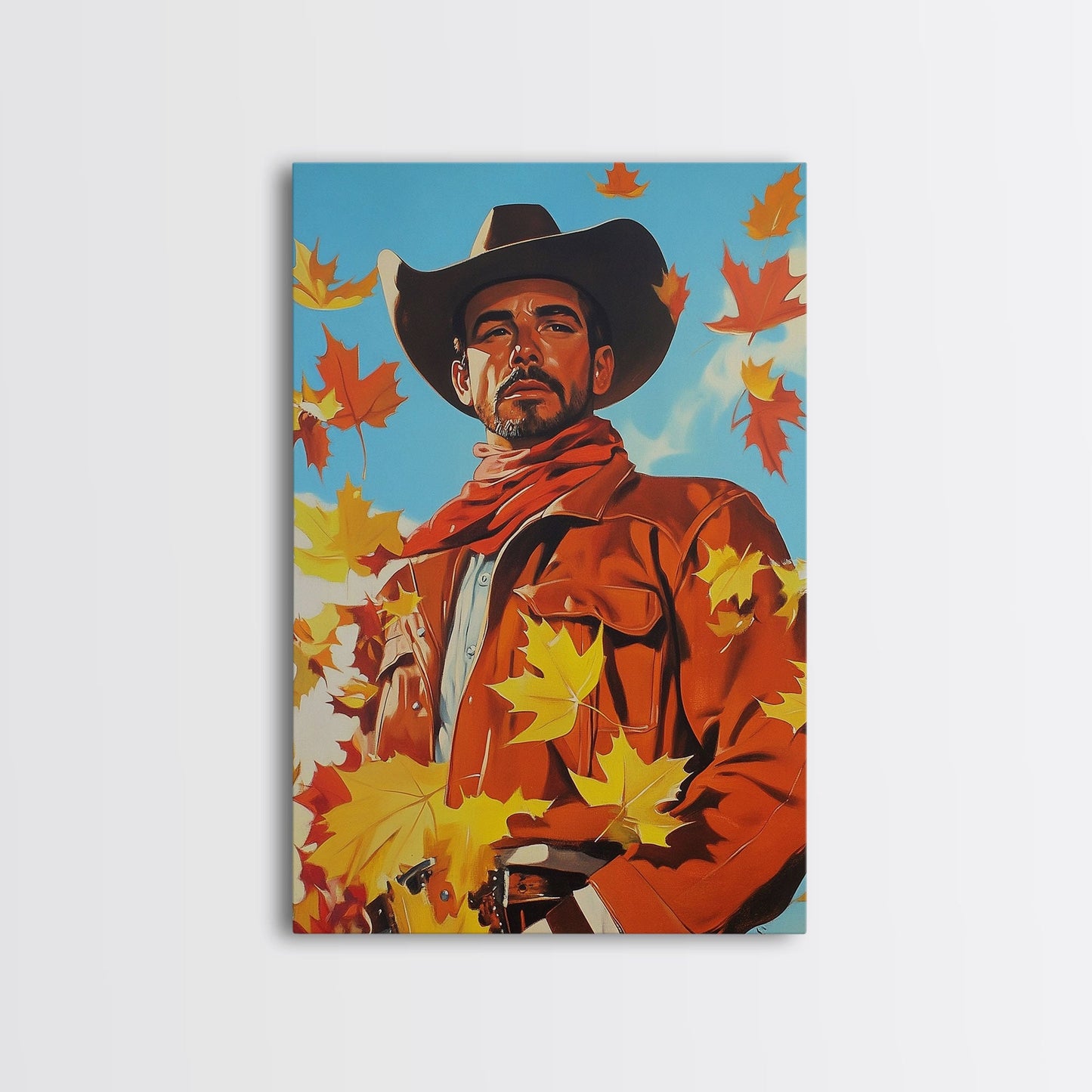 Autumn Cowboy Holiday Decor Framed Canvas Print with Leaves, Colorful Seasonal Wall Art Gift Idea 2024