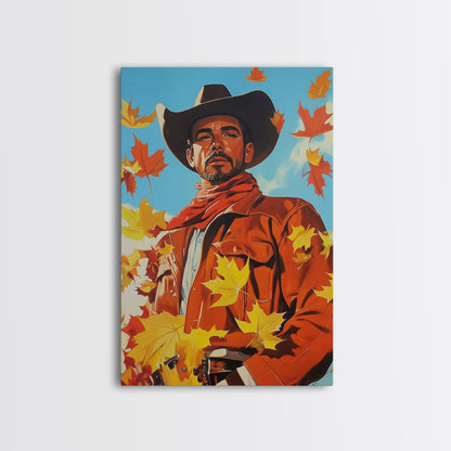 Autumn Cowboy Holiday Decor Framed Canvas Print with Leaves, Colorful Seasonal Wall Art Gift Idea 2024