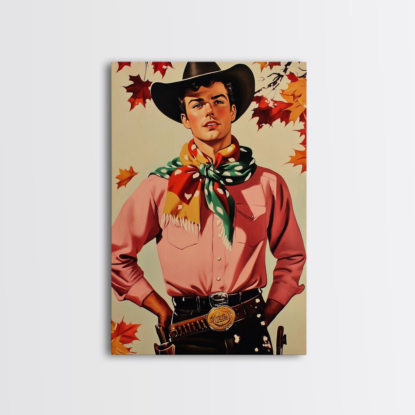 Cowboy Christmas Wall Art Canvas Print with Autumn Leaves, Seasonal Holiday Decor and Gift Idea 2024