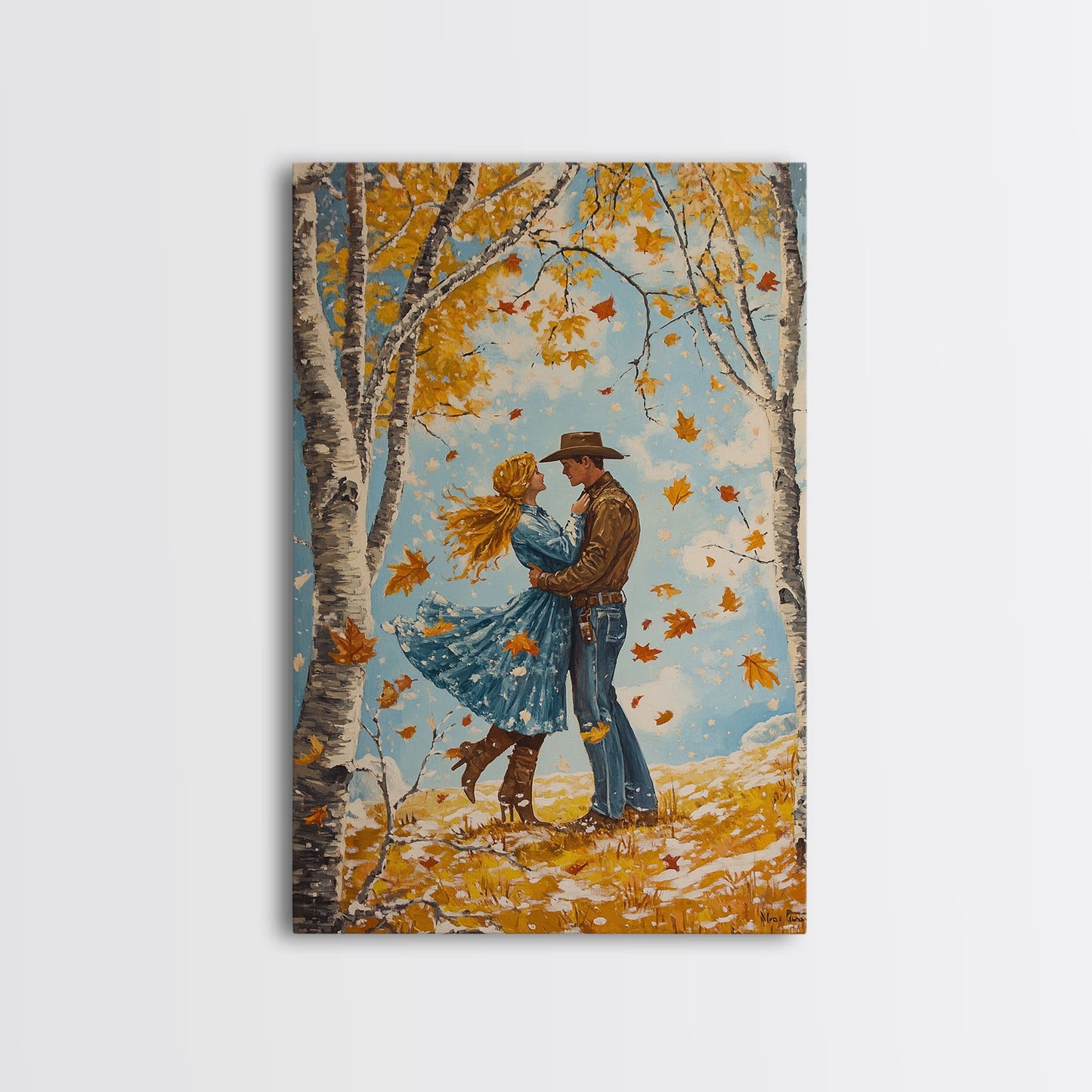 Romantic Fall Couple Framed Canvas Print - 2024 Autumn Love Country Cowboy Art Gift Idea for Fall Home Decor