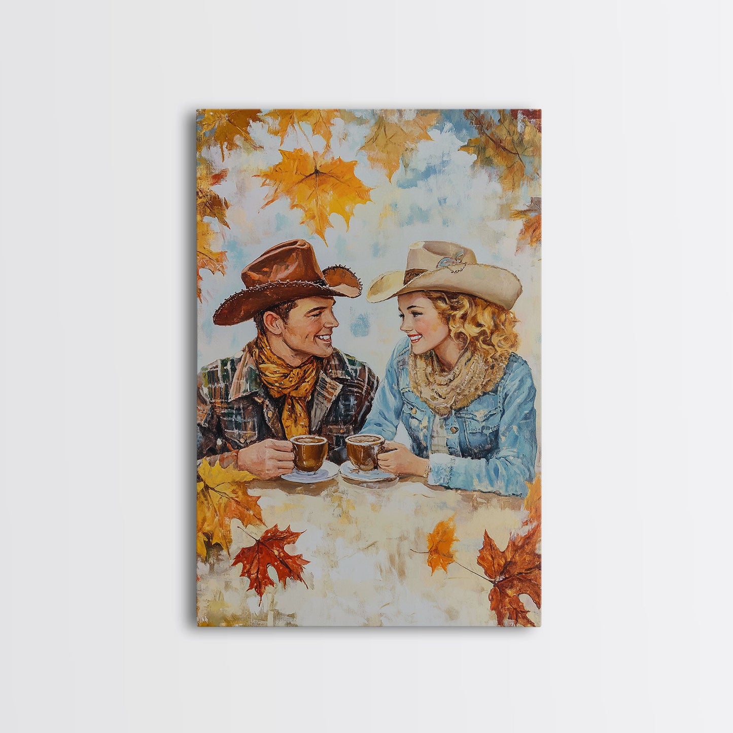Cowboy and Cowgirl Fall Scene Framed Canvas Print - 2024 Rustic Autumn Love Country Art Gift Idea Fall Wall Decor
