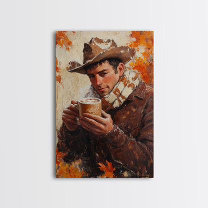 Cowboy mit Kaffeetasse im Herbst – Gerahmter Leinwanddruck – Herbstliche Wanddekoration im Landhausstil 2024 – Rustikale Wohndeko und Geschenkidee