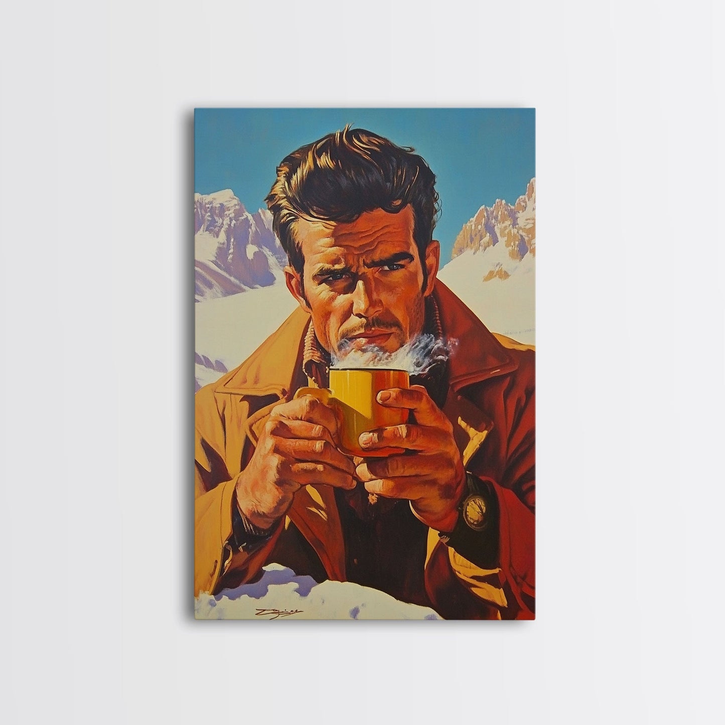 Cowboy Drinking Coffee in Winter Cabin Framed Canvas Print - Cozy Christmas Wall Art 2024 Rustic Holiday Decor