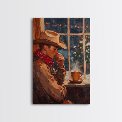 Cowboy in Snow with Coffee Framed Canvas Print - Winter Country Scene Art 2024 Cozy Christmas Wall Decor and Gift Idea