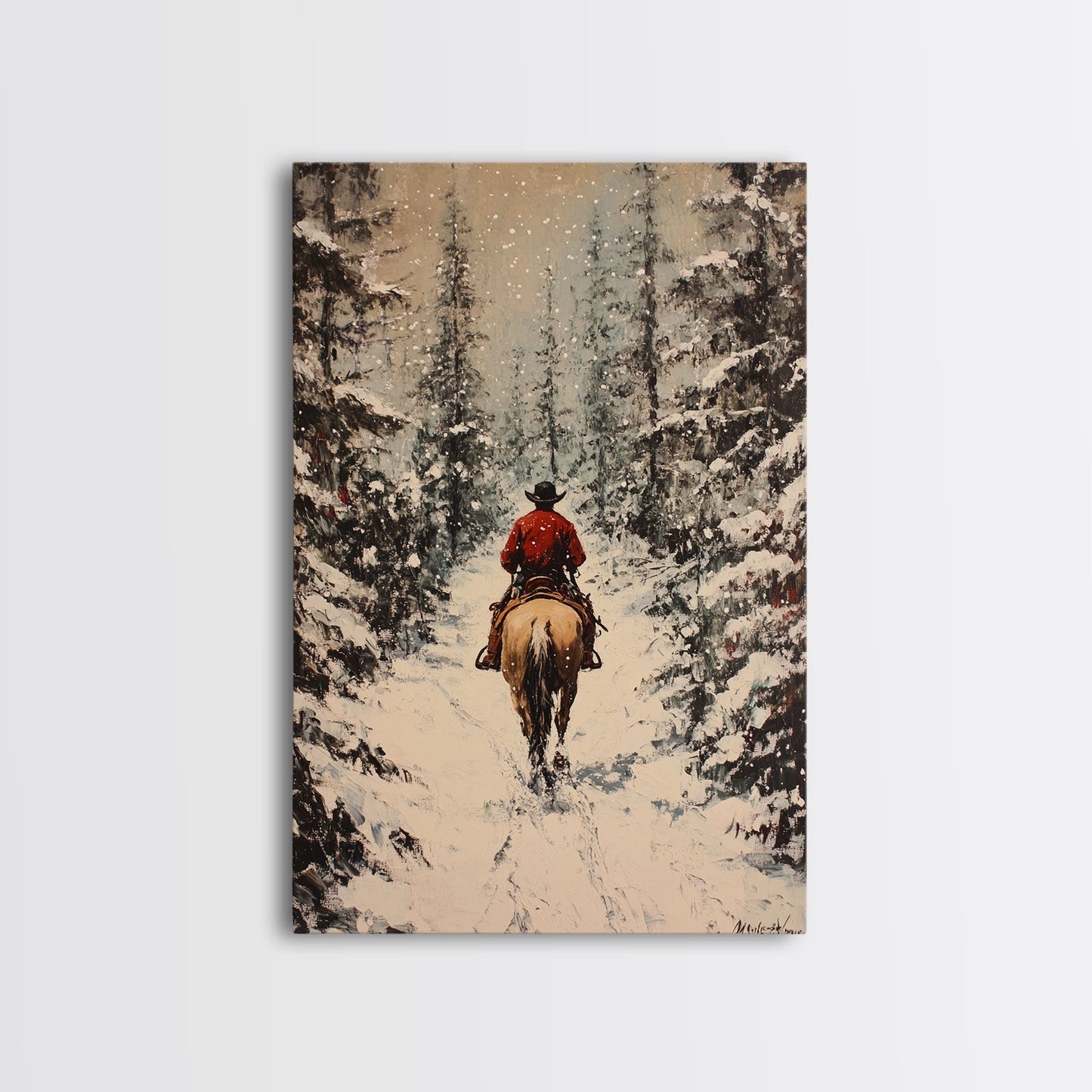 Cowboy on Horseback in Golden Autumn Trees Framed Canvas Print Rustic Christmas Wall Art Fall Decor Country Christmas Gift Seasonal Wall Art