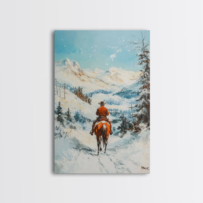 Cowboy reitet durch verschneite Berge – Gerahmter Leinwanddruck – Weihnachtswandbild – Winterwunderland-Dekoration – Saisonale Wanddekoration – Geschenkidee zu Weihnachten