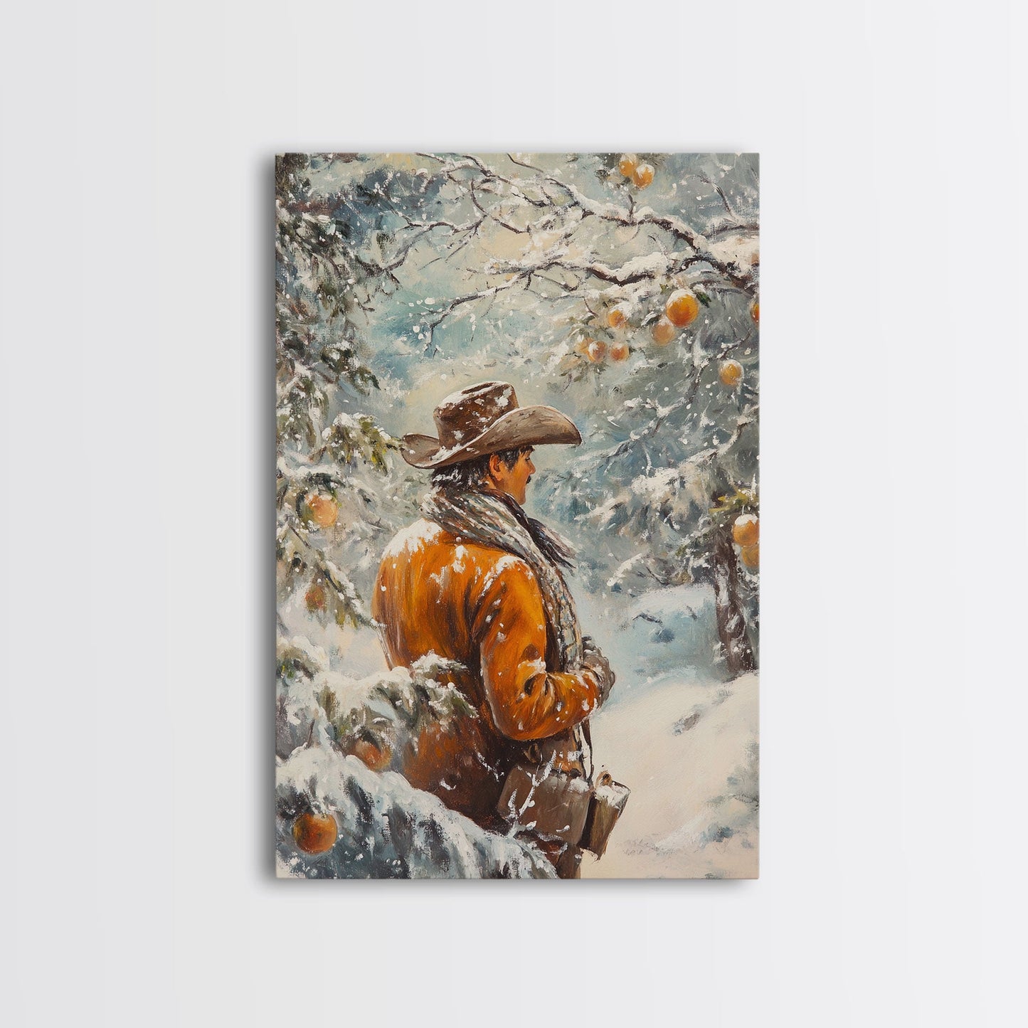 Cowboy in Snowy Orchard Canvas Print with Frosty, Christmas Wall Art Gift, Seasonal Decor, Winter Wonderland, Holiday Decor, Canvas Print