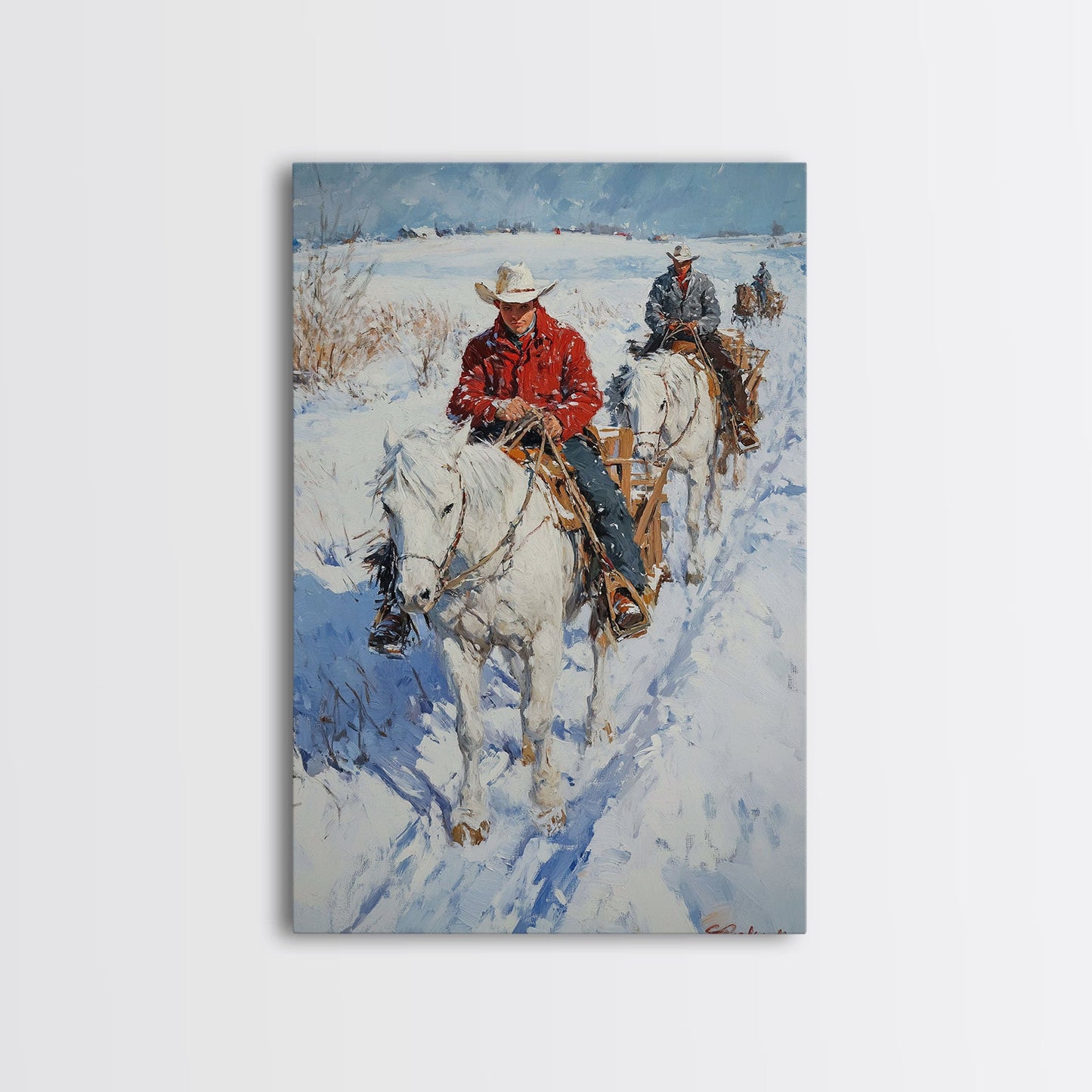 Cowboy Riding Horses in Snow Canvas Print, Winter Wall Art, Rustic Christmas Decor, Holiday Gift Idea, Seasonal Art, Framed Canvas Print