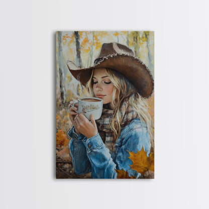 Fall-themed farmhouse framed canvas print a woman with coffee amidst autumn leaves ideal harvest home decor or seasonal wall art gift idea