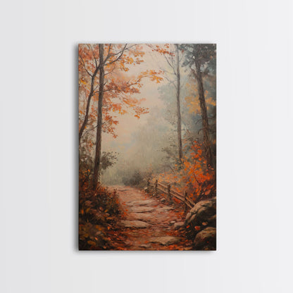 Framed Canvas Print of a Fall Path with Fence and Trees, Autumn Wall Art, Rustic Country Decor, Best Gift Idea, Modern Farmhouse Fall Decor