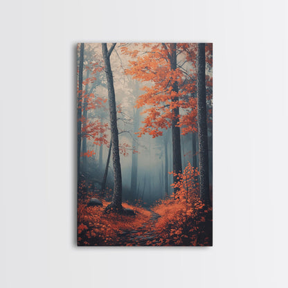 Framed Canvas Print of Misty Autumn Forest with Vibrant Red Leaves, Seasonal Wall Art, Modern Farmhouse, Gift Idea, Fall Landscape Art