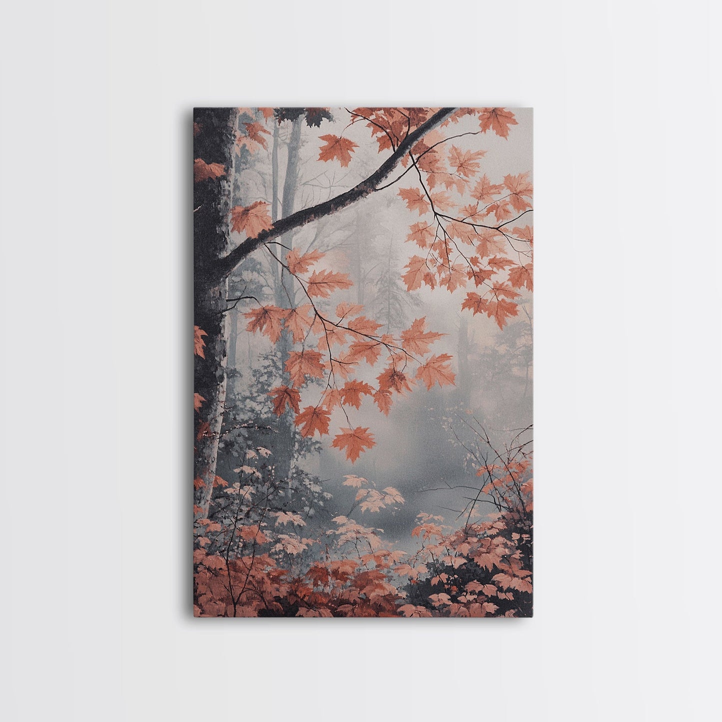 Framed Canvas Print of Fall Leaves on Branches in Misty Forest, Moody Landscape Wall Art, Fall Decor, Gift Idea, Farmhouse Seasonal Art