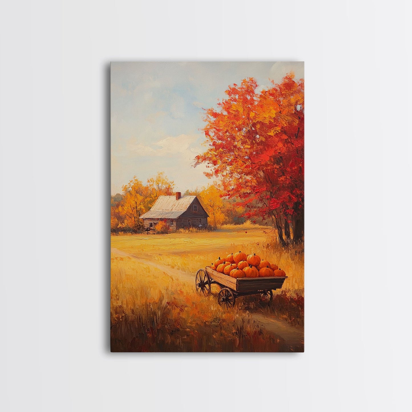 Pumpkin Cart In Fall Field Framed Canvas Print Rustic Autumn Country Farmhouse Decor Perfect Seasonal Art For Farmhouse Christmas Wall Art