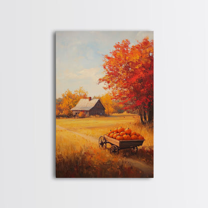 Pumpkin Cart In Fall Field Framed Canvas Print Rustic Autumn Country Farmhouse Decor Perfect Seasonal Art For Farmhouse Christmas Wall Art