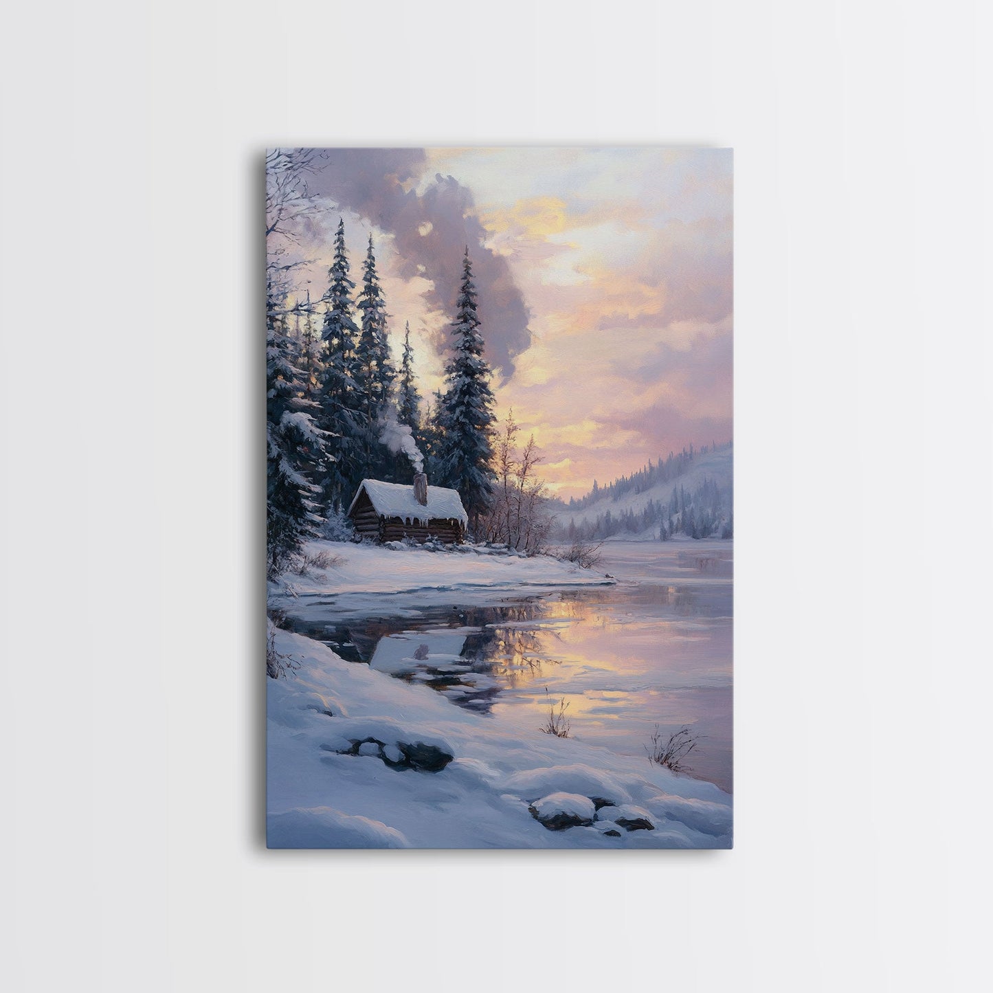 Cabin In Snowy Forest Framed Canvas Print Wall Art Winter Landscape Decor, Cozy Christmas Art Gift, Rustic Winter Wonderland Art