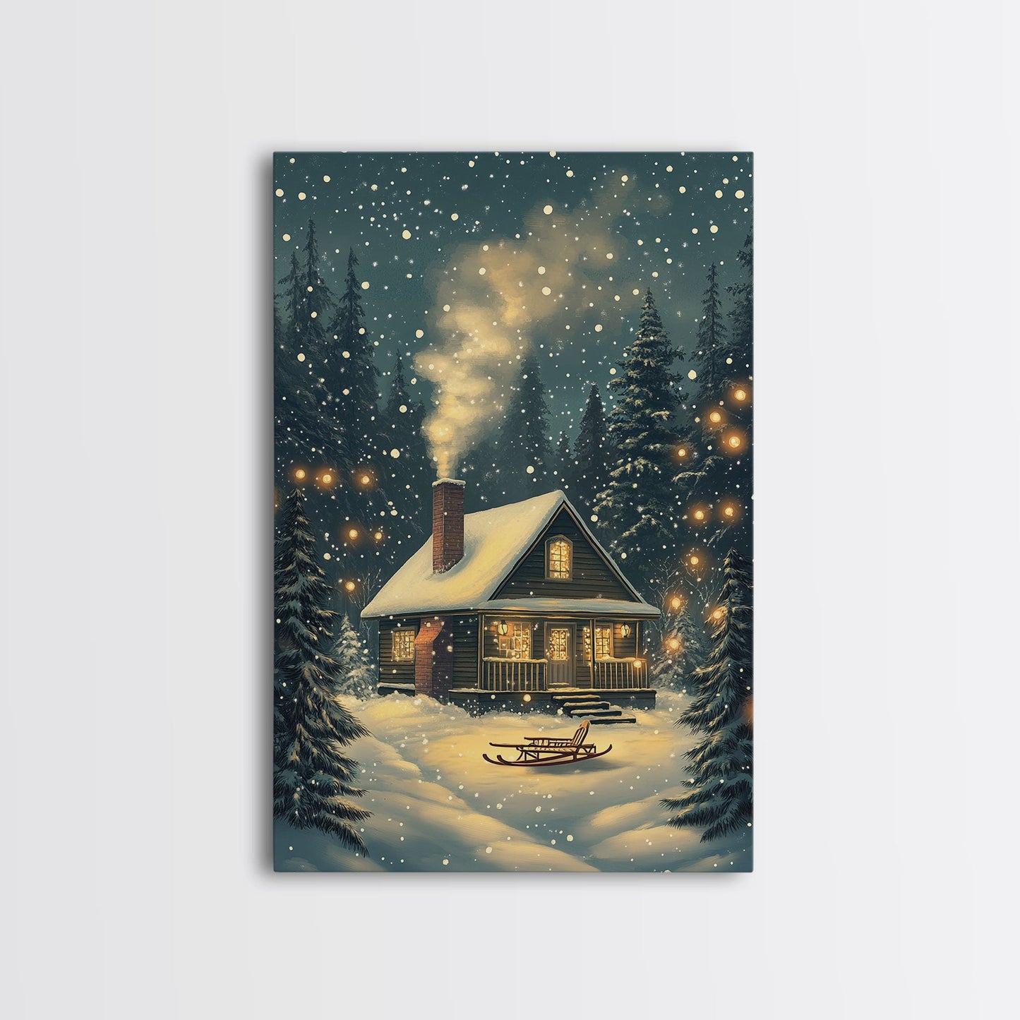 Cozy Cabin in Snowy Winter Forest, Warm Christmas Lights and Peaceful Holiday Scene, Perfect for Winter Wall Art, Framed Canvas Print