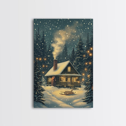 Cozy Cabin in Snowy Winter Forest, Warm Christmas Lights and Peaceful Holiday Scene, Perfect for Winter Wall Art, Framed Canvas Print