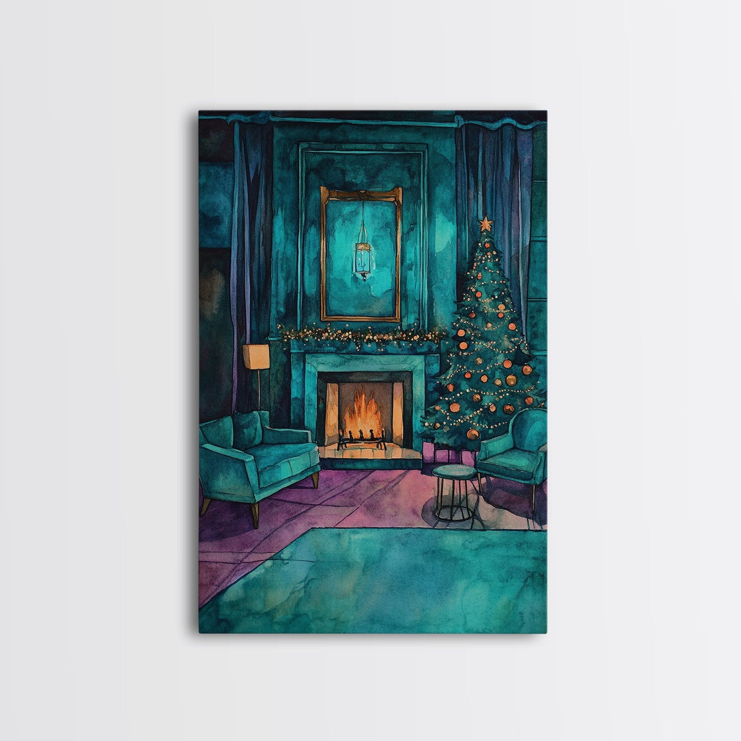 Cozy living room with Christmas tree and fireplace, Framed Canvas Print, Christmas wall art, perfect modern farmhouse holiday decor