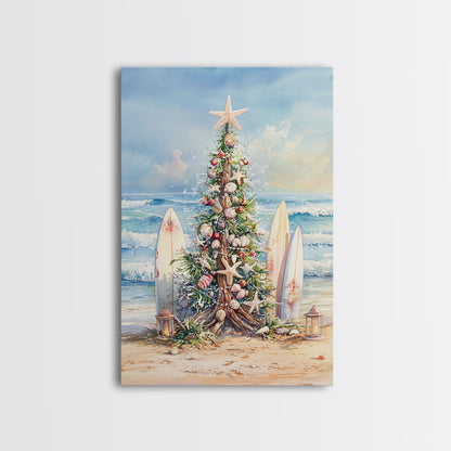 Coastal Christmas tree with surfboards at the beach Framed Canvas Print, tropical holiday wall art beach Christmas decor Christmas prints