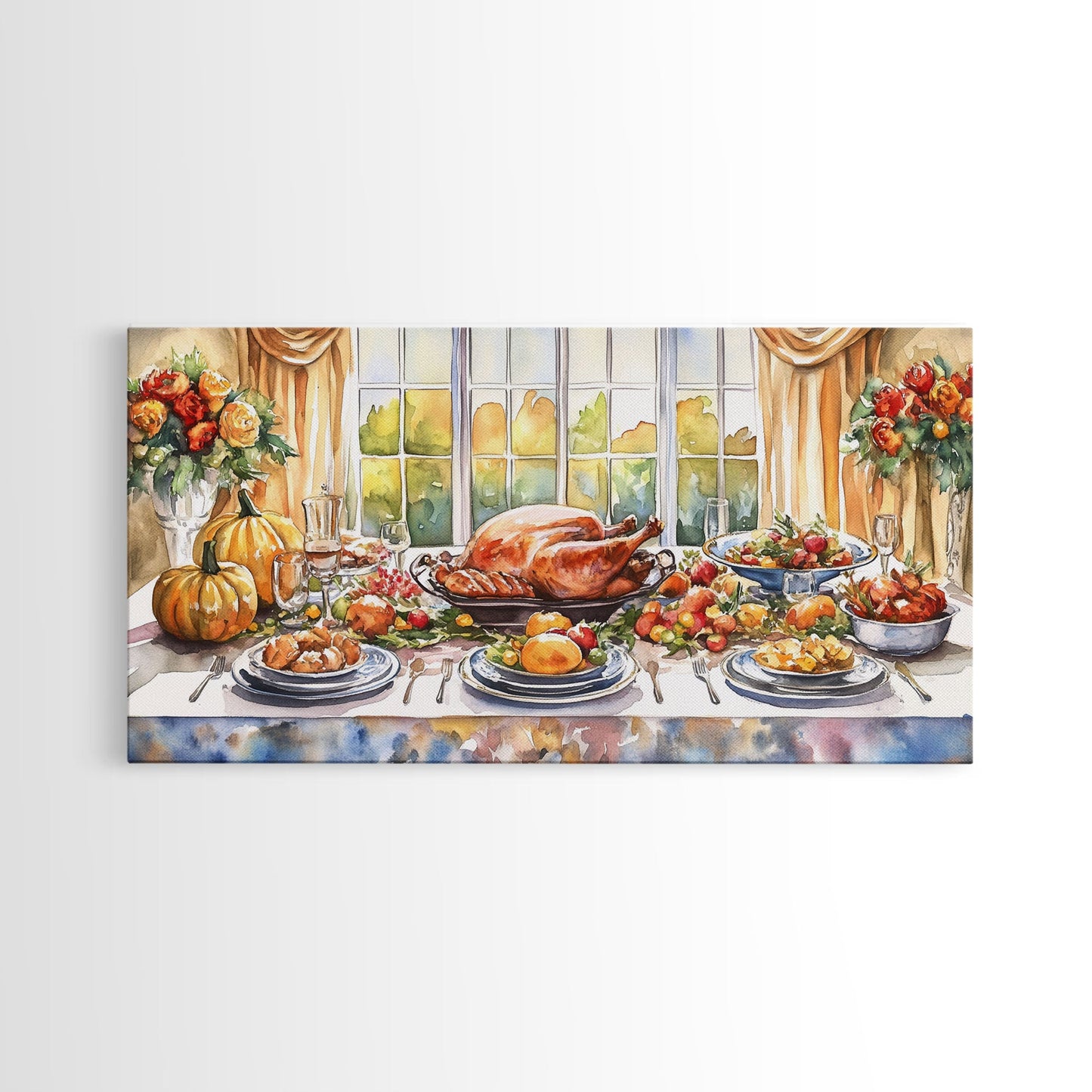 Framed Canvas Print Autumn Thanksgiving Dinner Table Art with Pumpkins, Perfect Fall Home Decor, Seasonal Wall Art, and Gallery Wall Piece
